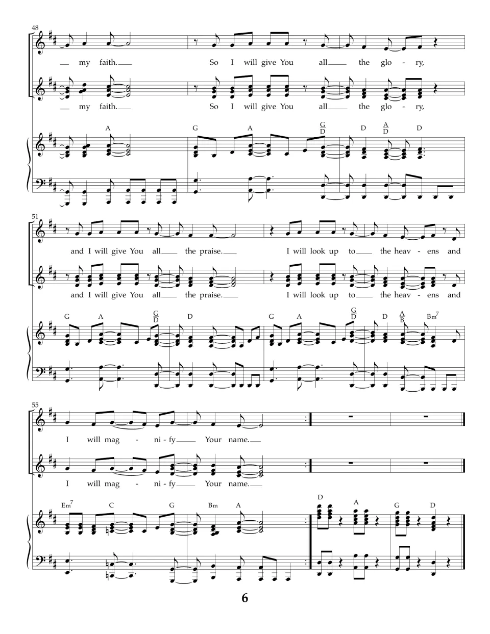 Choral score bars 48-57: last chorus, 'I will look up to the heavens', final 'magnify Your name' and a short piano ending