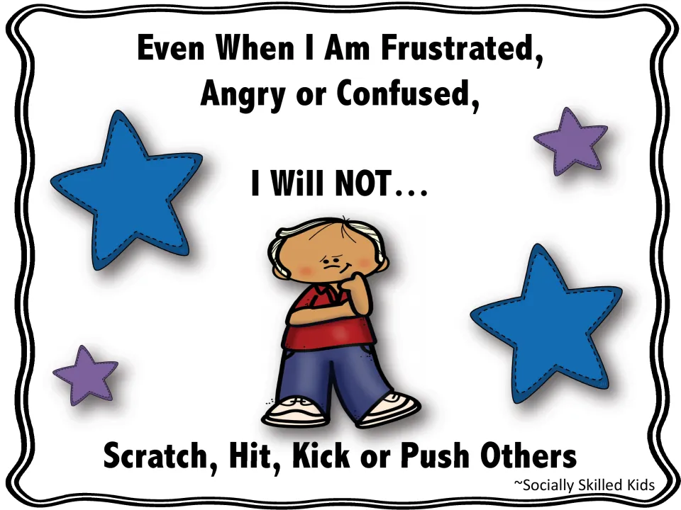 Story cover featuring a boy: even when frustrated, angry or confused, I will not scratch, hit, kick or push others