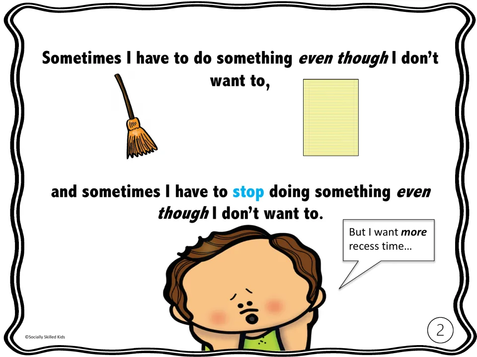 Story page 2 explains having to do unwanted tasks or stop an activity, with a child wanting more recess