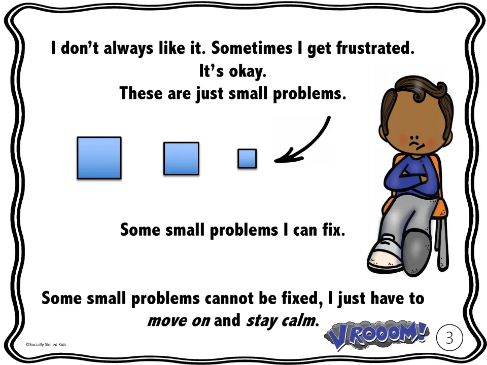 Story page 3 says frustration is okay; some small problems can be fixed, while others call for moving on