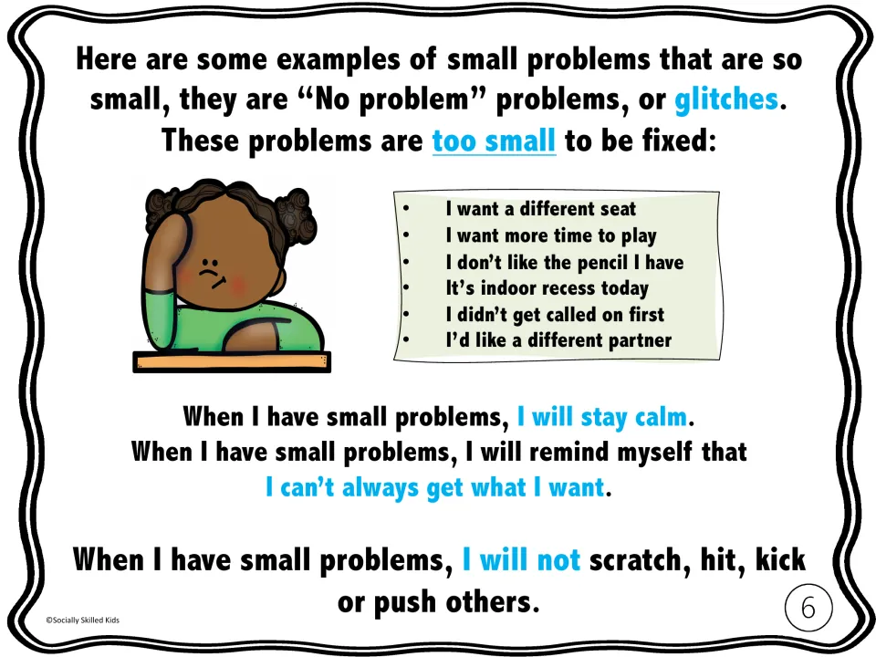 Story page 6 lists six small glitches and reminders to stay calm and not scratch, hit, kick or push others
