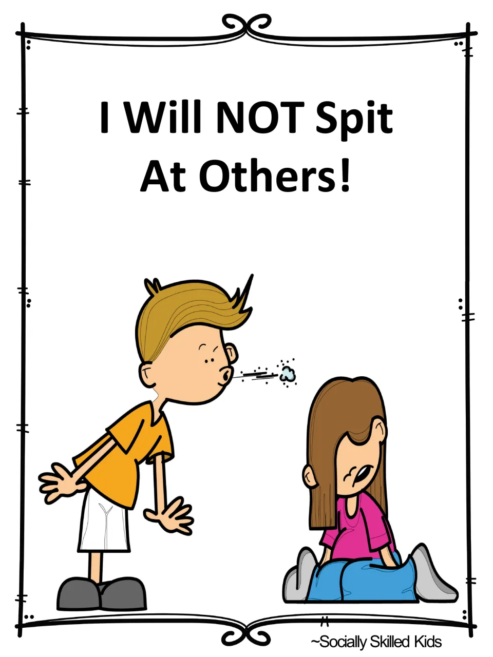 Social skills story cover titled 'I Will NOT Spit At Others!' shows a boy spitting toward a seated girl.