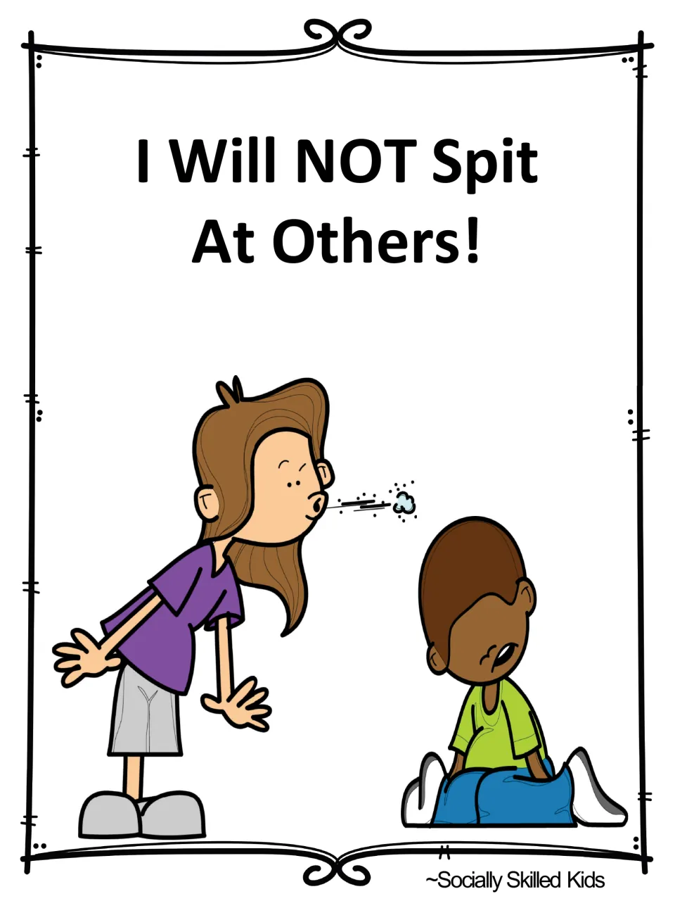 Alternate social skills story cover shows a girl spitting toward a seated boy beneath the no-spitting title.