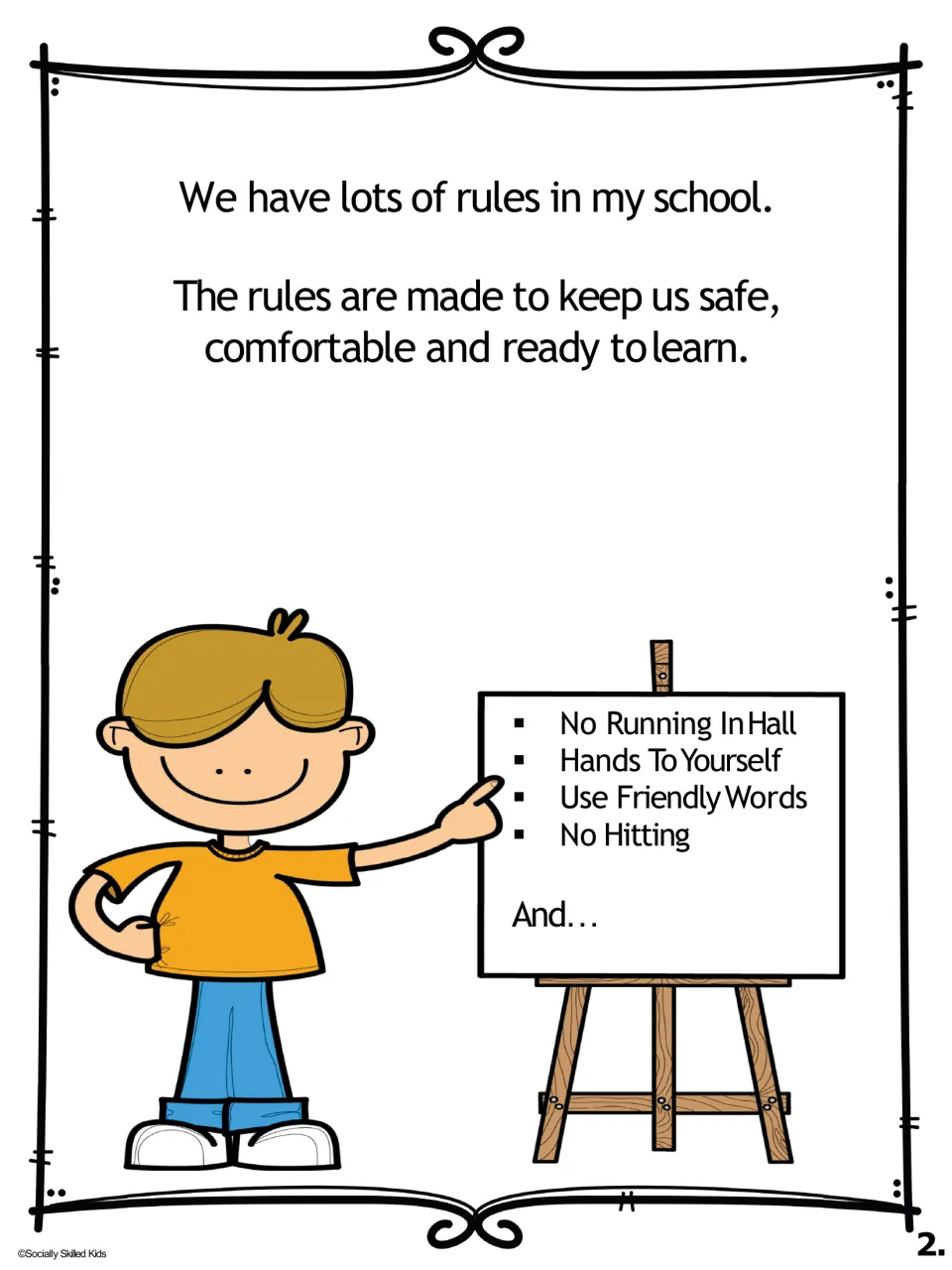 Story page 2, boy version, explains that school rules keep students safe, comfortable, and ready to learn.