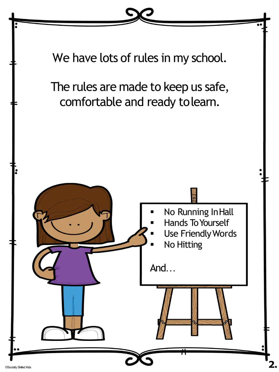 Story page 2, girl version, lists rules: no running in the hall, hands to yourself, friendly words, and no hitting.