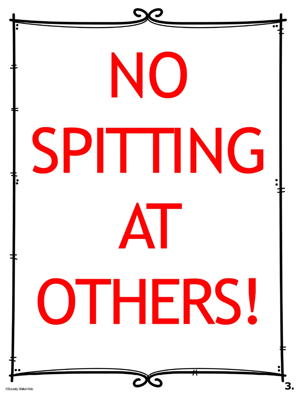 Story page 3 states 'NO SPITTING AT OTHERS!' in large red text as the next rule in the school-rules sequence.
