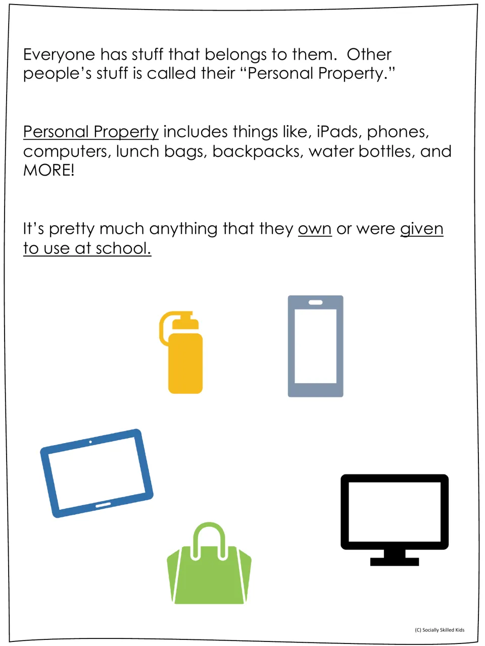Personal property defined: story page listing iPads, phones, computers, lunch bags and water bottles as others' belongings