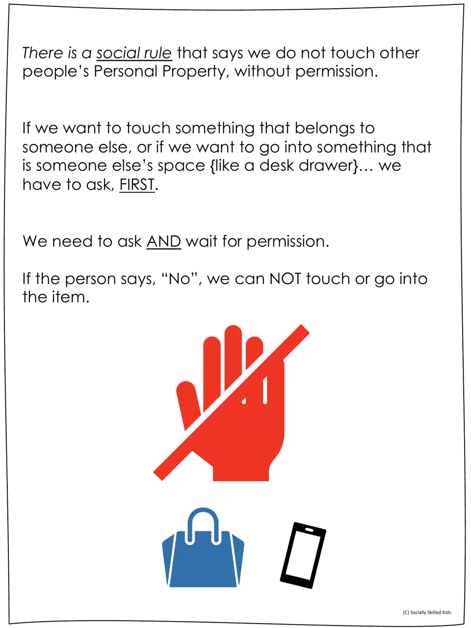 Asking permission rule: students read that we ask first and wait before touching others' things, and accept a no