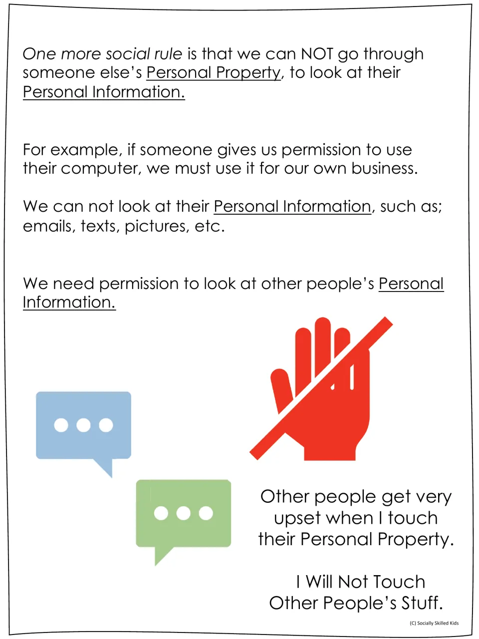 Personal information rule: no looking at emails, texts or pictures on a borrowed device; ends with a pledge statement