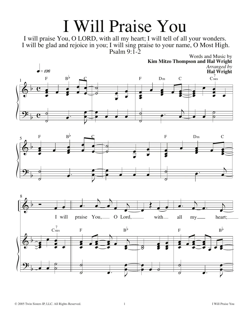 I Will Praise You, a Psalm 9:1-2 song in F: piano intro with chord symbols, then vocal melody and lyrics, bars 1-11
