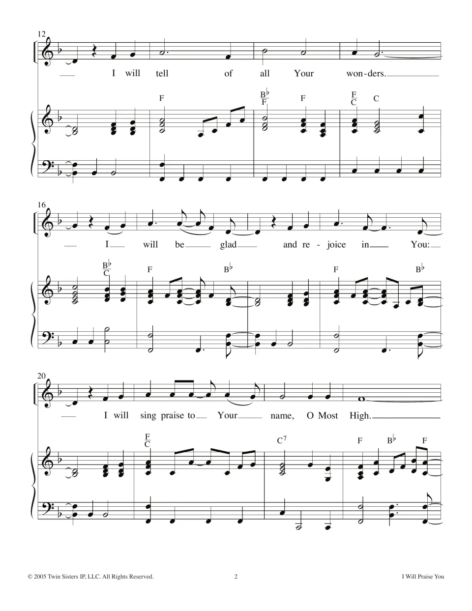 Bars 12-23: vocal melody with lyrics 'I will tell of all Your wonders' over piano chords F, B flat and C7