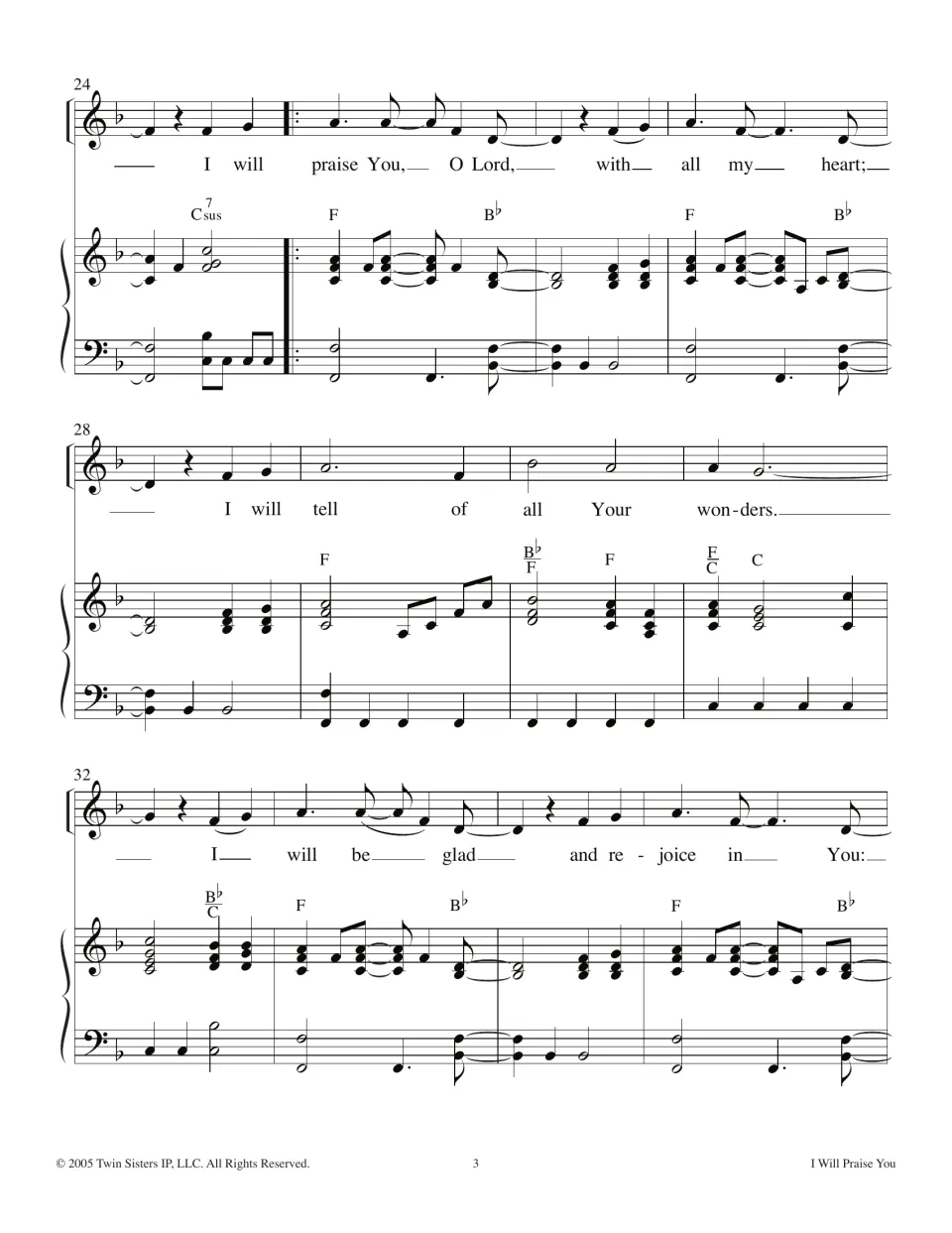 Repeated section, bars 24-35: verse melody returns after a repeat sign, with lyrics, piano part and chord symbols