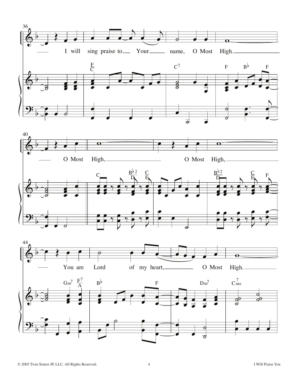Bridge, bars 36-47: new lyrics 'O Most High' and 'You are Lord of my heart' over piano chords such as Gm7 and Dm7