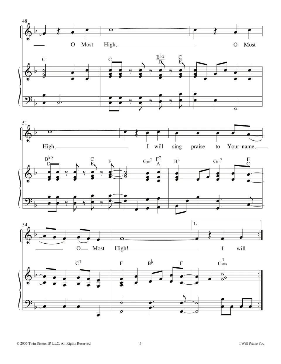 Bars 48-56: 'O Most High' refrain builds to 'I will sing praise to Your name' and reaches a first ending with repeat