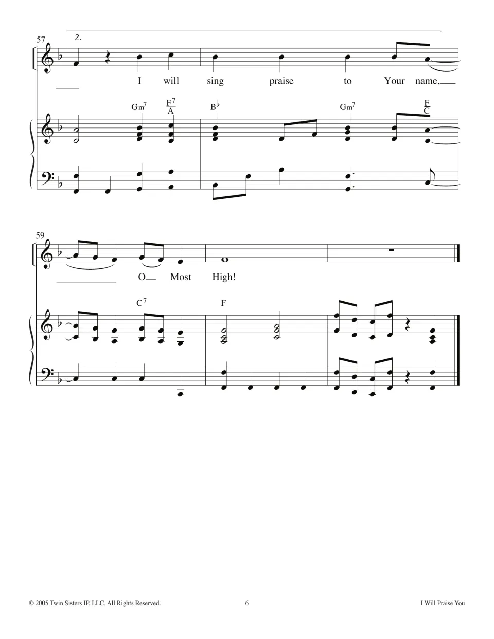 Final page, bars 57-61: second ending closes on 'O Most High!' with piano chords C7 and F and a short tag