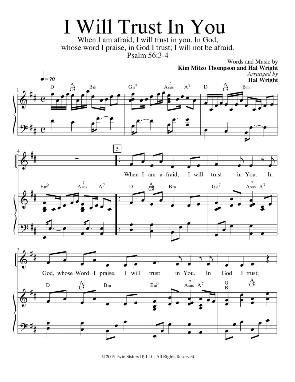 I Will Trust In You, a Psalm 56:3-4 song in D: melody with lyrics, chord symbols and piano part, measures 1-9