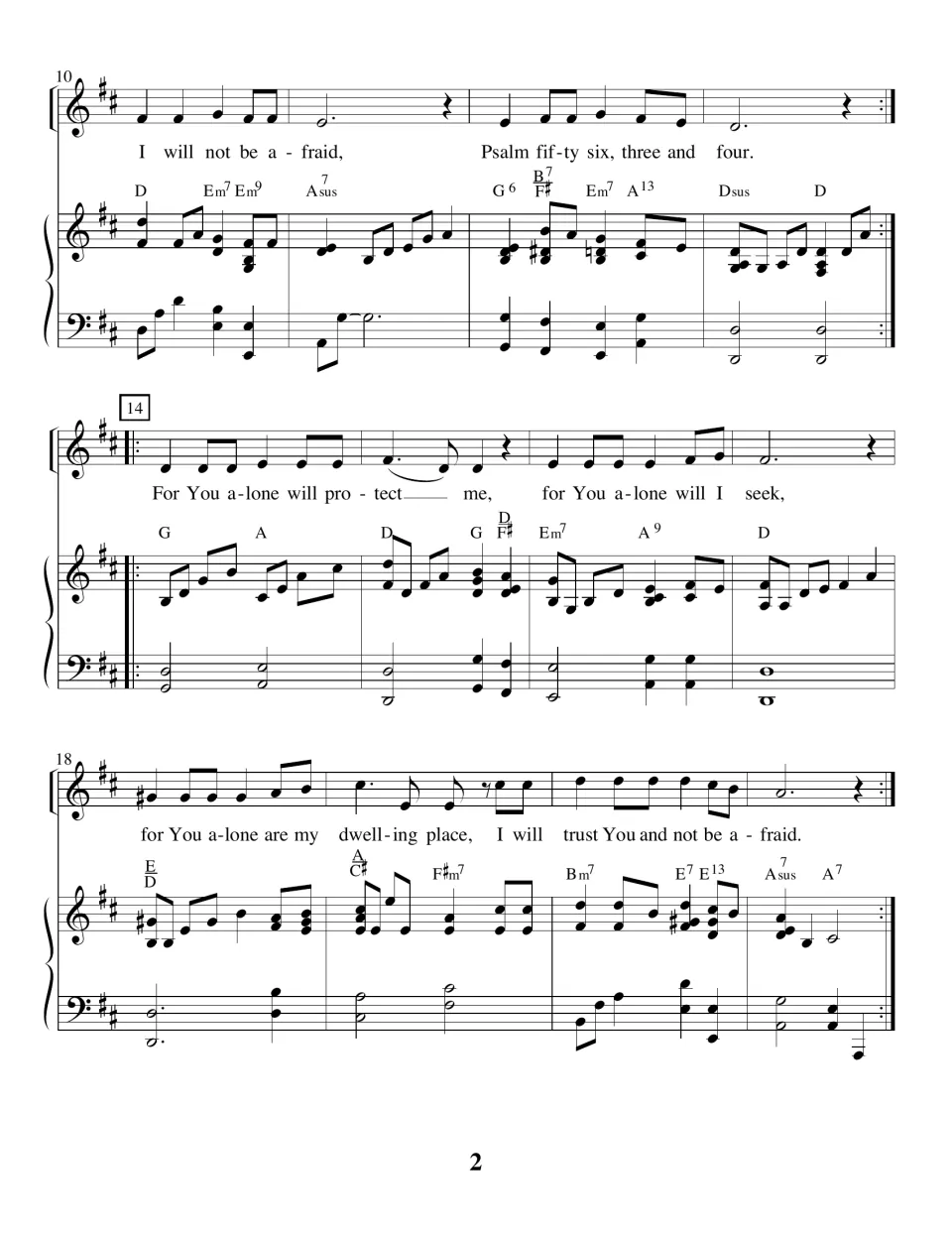 Measures 10-21: 'For You alone will protect me' section with lyrics, chord symbols and piano accompaniment