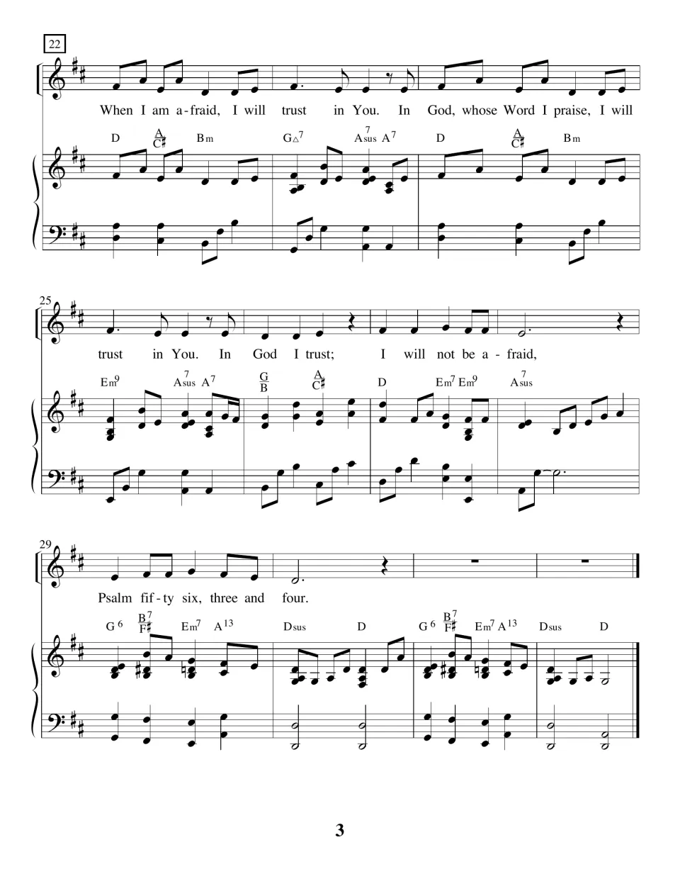Measures 22-32: reprise of 'When I am afraid' verse ending 'Psalm fifty six, three and four' and closing piano bars
