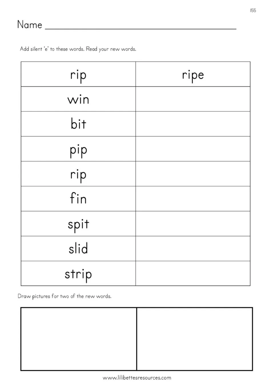 Silent e: students add e to rip, win, bit, pip, fin, spit, slid and strip, read the new words, then draw two of them