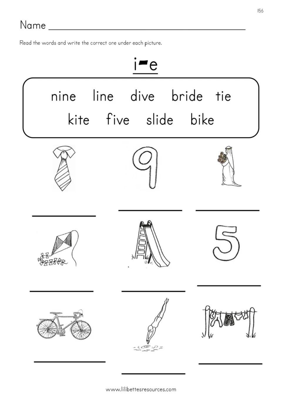 i-e word bank: students read nine, line, dive, bride, tie, kite, five, slide and bike and write each under its picture