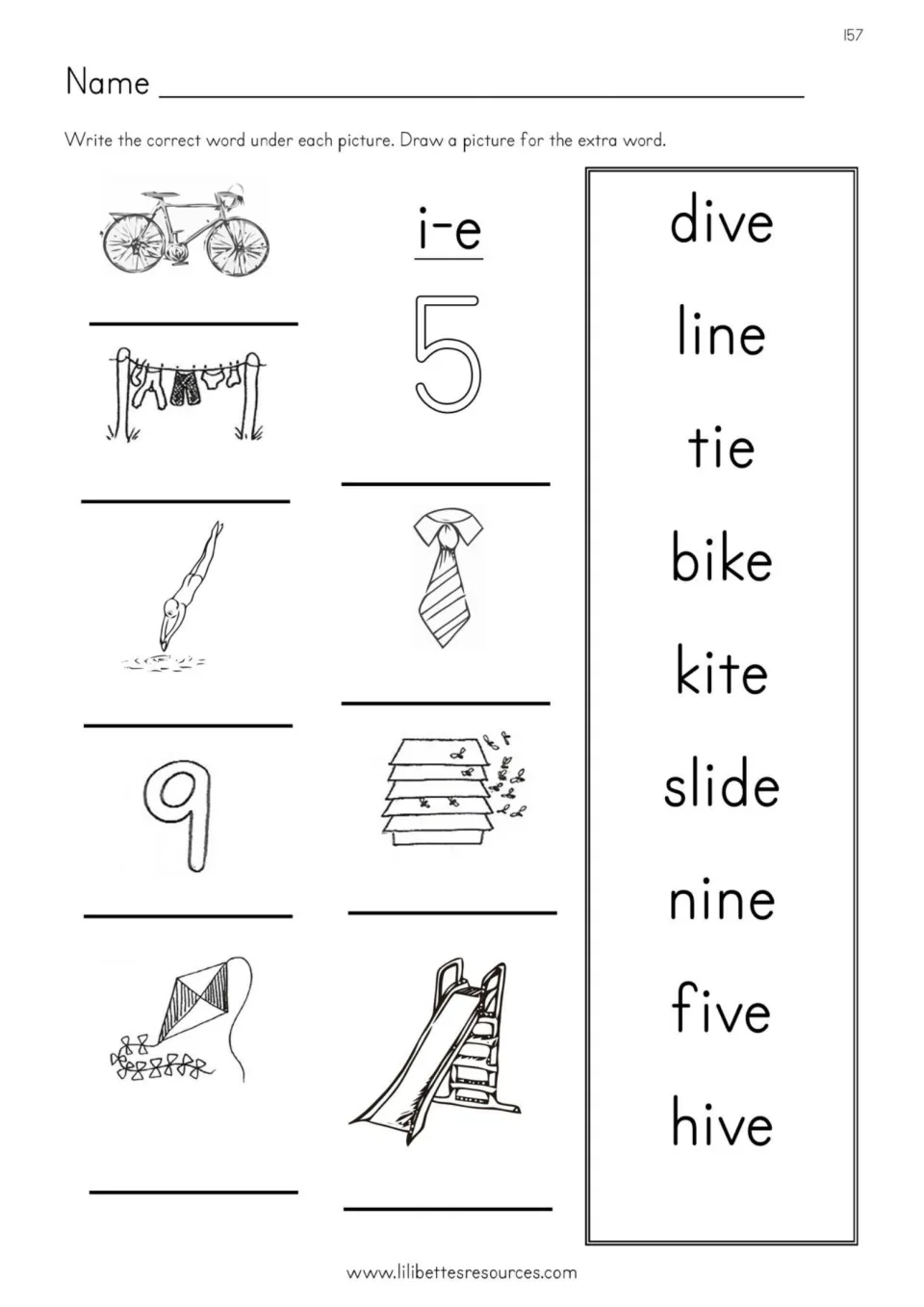 i-e picture labels: students write dive, line, tie, bike, kite, slide, nine or five under each picture and draw hive