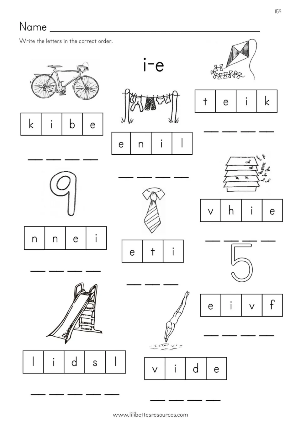 i-e scrambled words: students put jumbled letters in order to spell bike, kite, line, nine, tie, hive, five, slide and dive