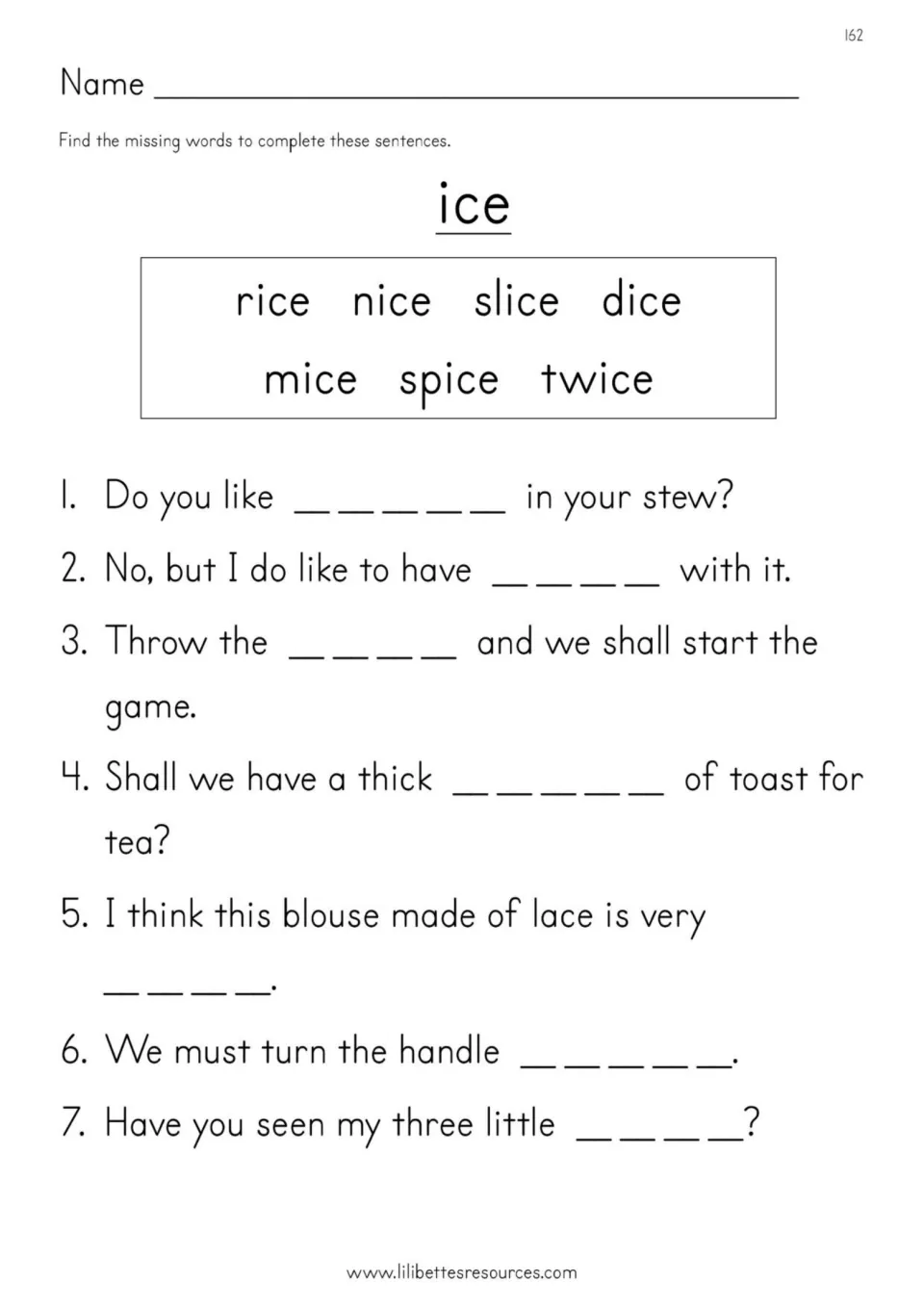 ice word family: students choose rice, nice, slice, dice, mice, spice or twice to complete seven sentences