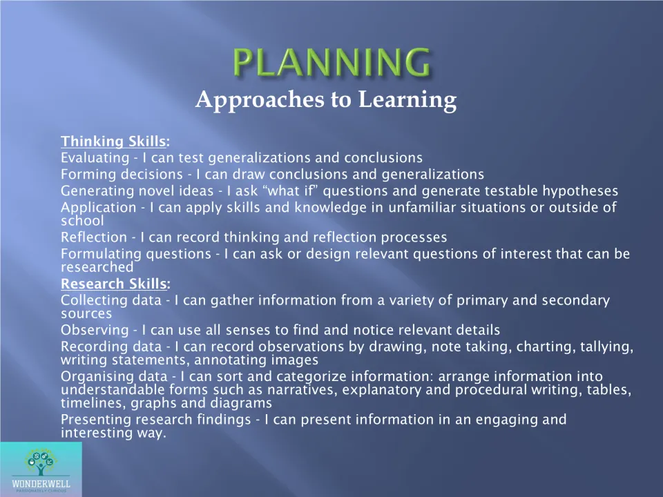 Planning: Approaches to Learning thinking and research skills as I-can statements, from evaluating to presenting