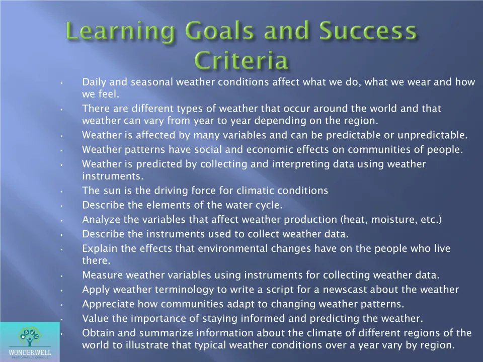 Learning goals and success criteria on the water cycle, weather instruments, newscast scripts and regional climate