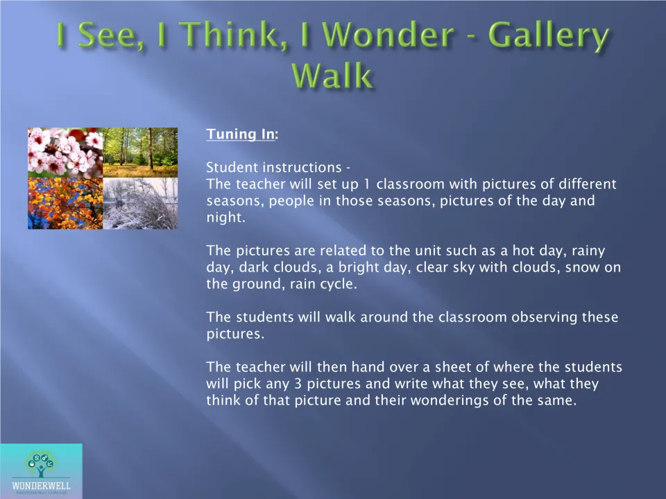 I See, I Think, I Wonder gallery walk: students view season and weather pictures and record thoughts on 3 of them