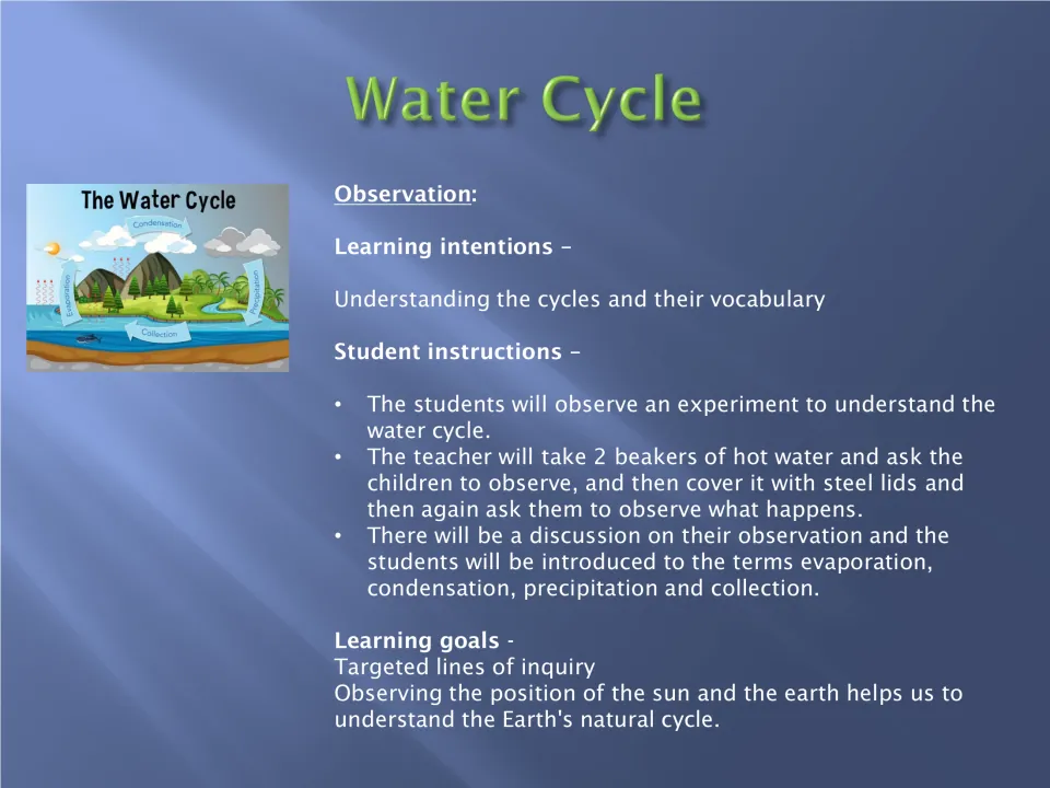 Water cycle demonstration: students watch beakers of hot water and learn evaporation, condensation and precipitation