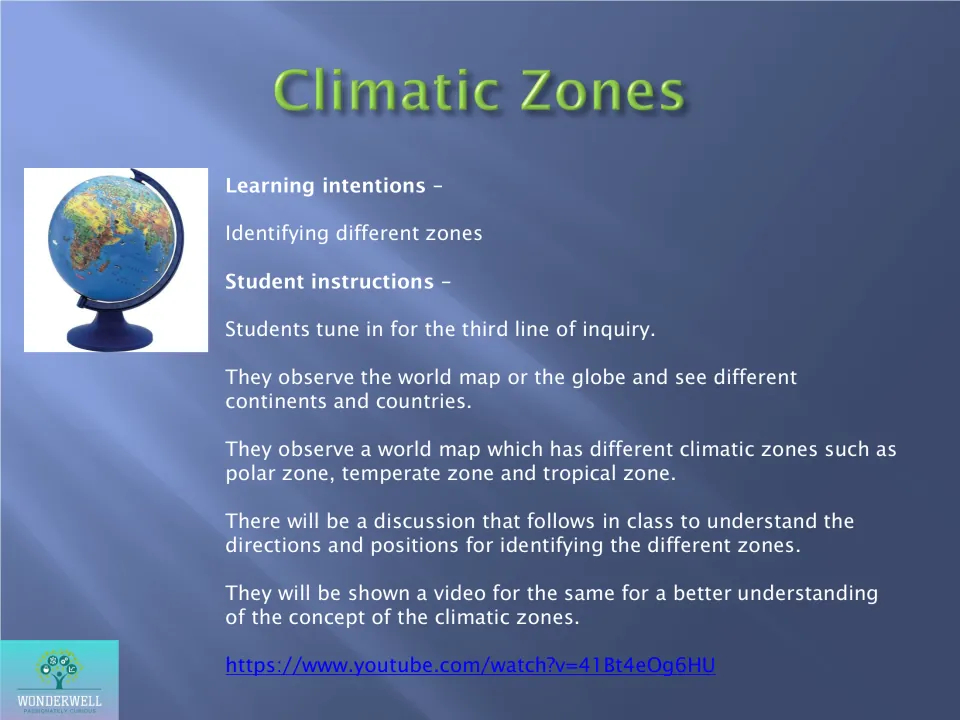 Climatic zones: students study a world map and globe to identify polar, temperate and tropical zones, then watch a video