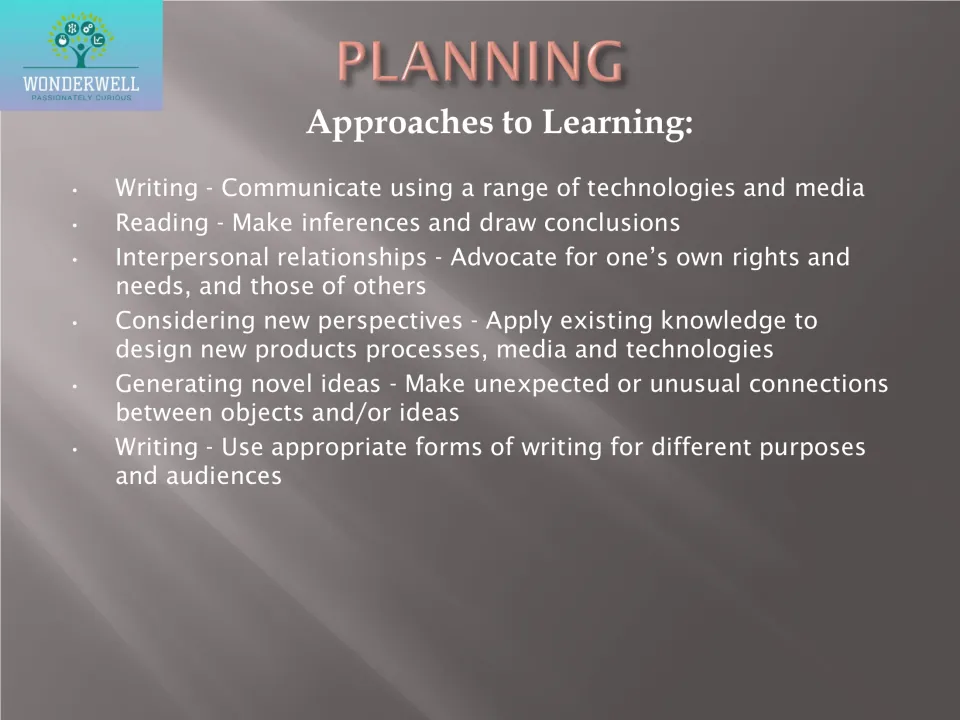 Planning page listing approaches to learning: writing, reading, interpersonal skills, perspectives and novel ideas