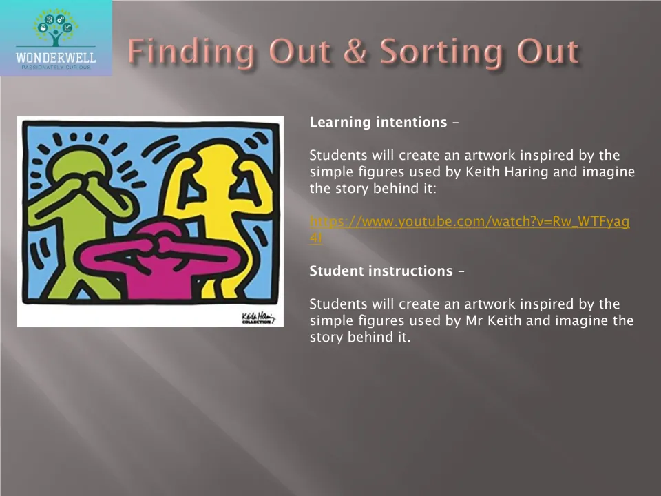 Keith Haring art lesson: students create artwork using his simple figures and imagine the story the picture tells