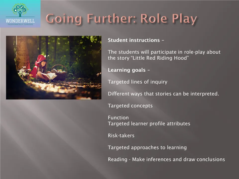 Role play of Little Red Riding Hood: students act out the story to explore different ways it can be interpreted