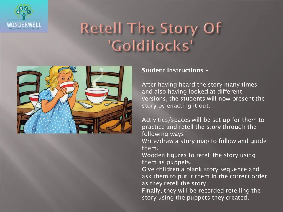 Retelling Goldilocks: students use story maps, wooden puppets and picture sequencing, then record their retelling