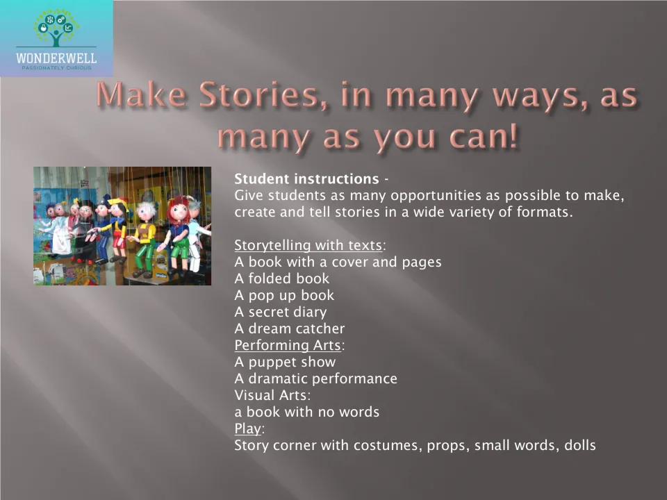 Making stories in many formats: pop-up books, secret diaries, puppet shows, wordless books and a story corner