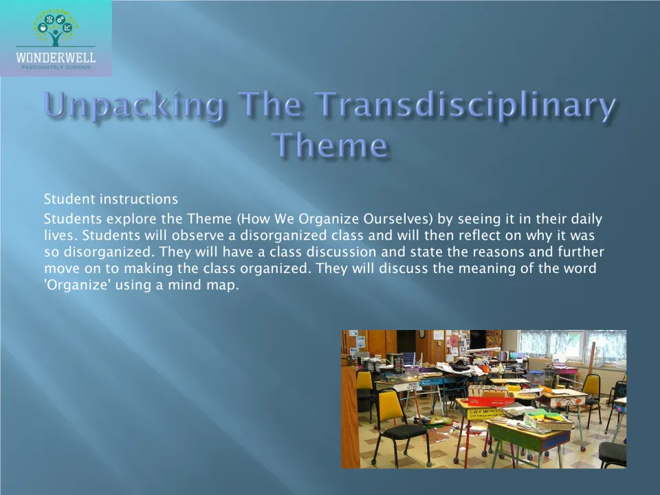 Unpacking the theme: students observe a disorganized classroom, discuss why, then mind-map the meaning of organize