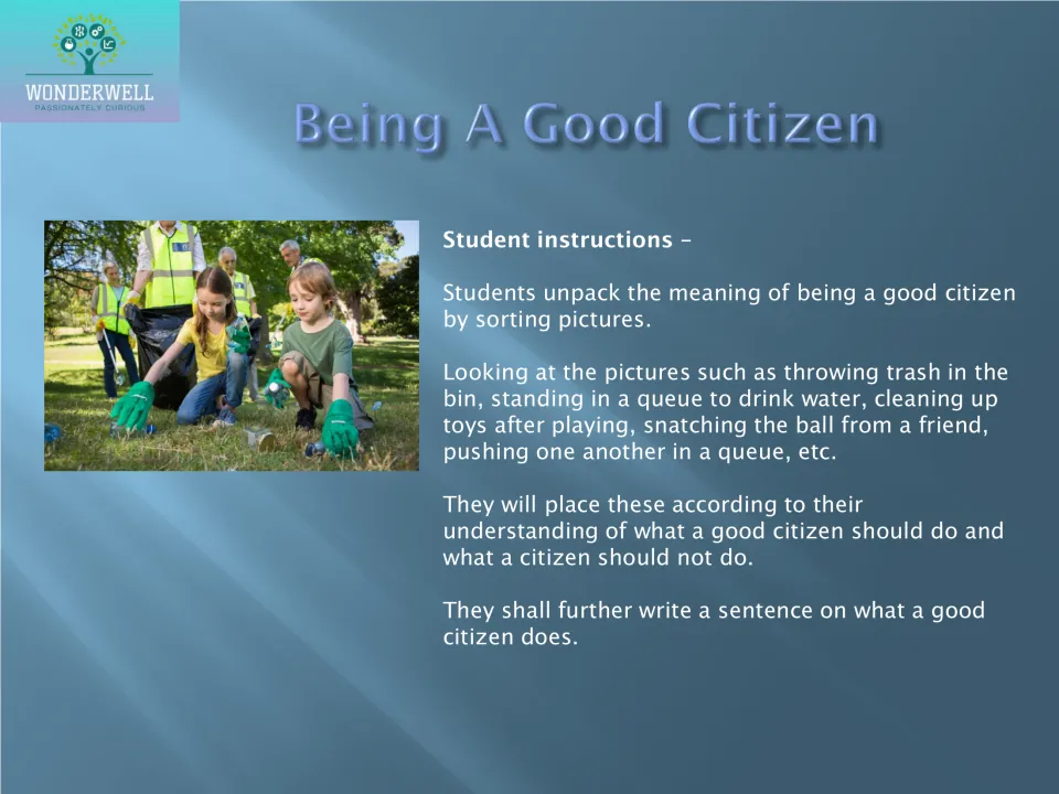 Being a good citizen: students sort pictures of should and should-not behaviors, then write a sentence about citizenship