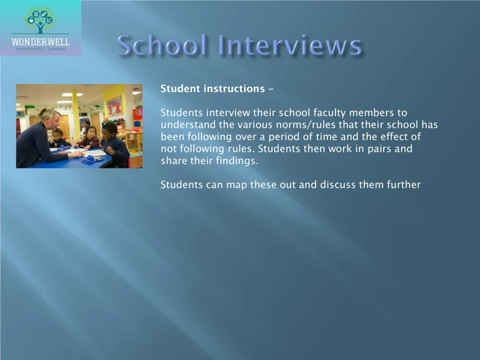 School interviews: students ask faculty members about school rules over time, then share findings with a partner