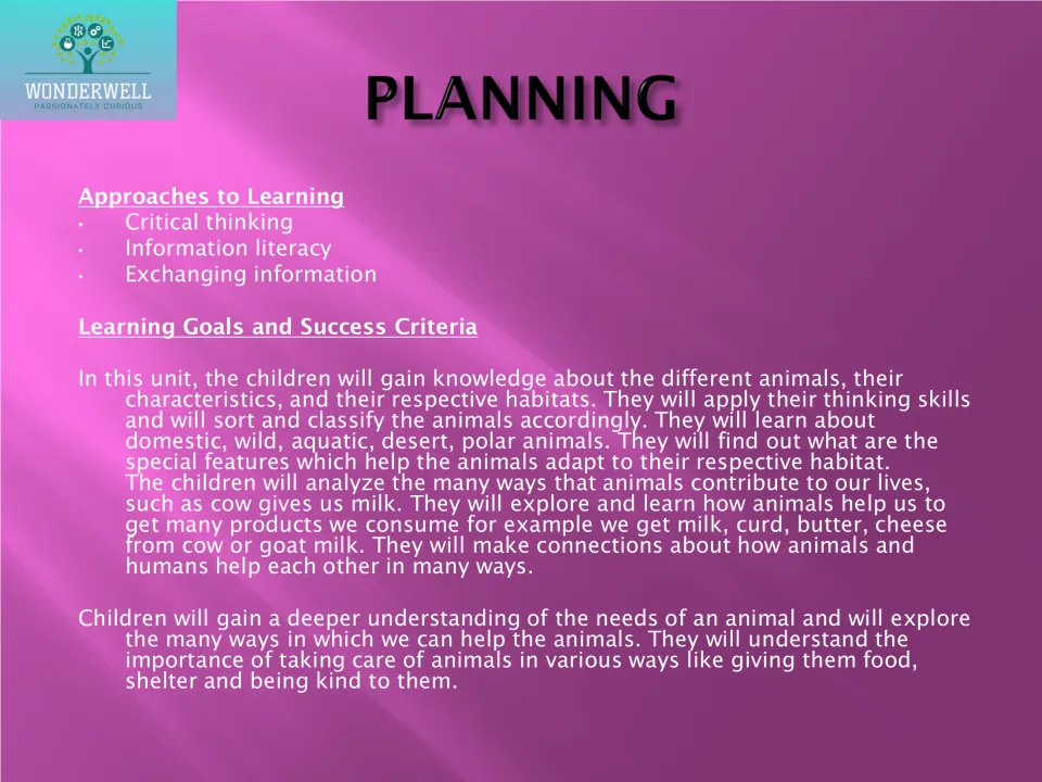 Unit planning: approaches to learning and learning goals on habitats, adaptations and how animals help humans