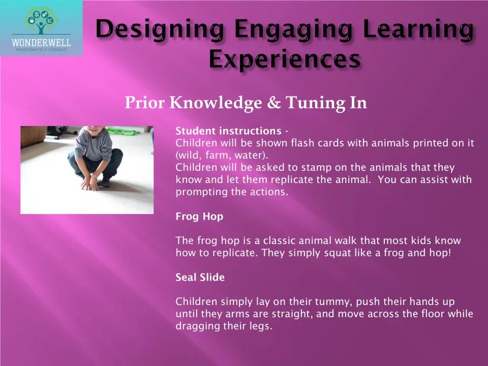 Tuning in with animal flash cards: children act out animals they know, starting with the frog hop and seal slide