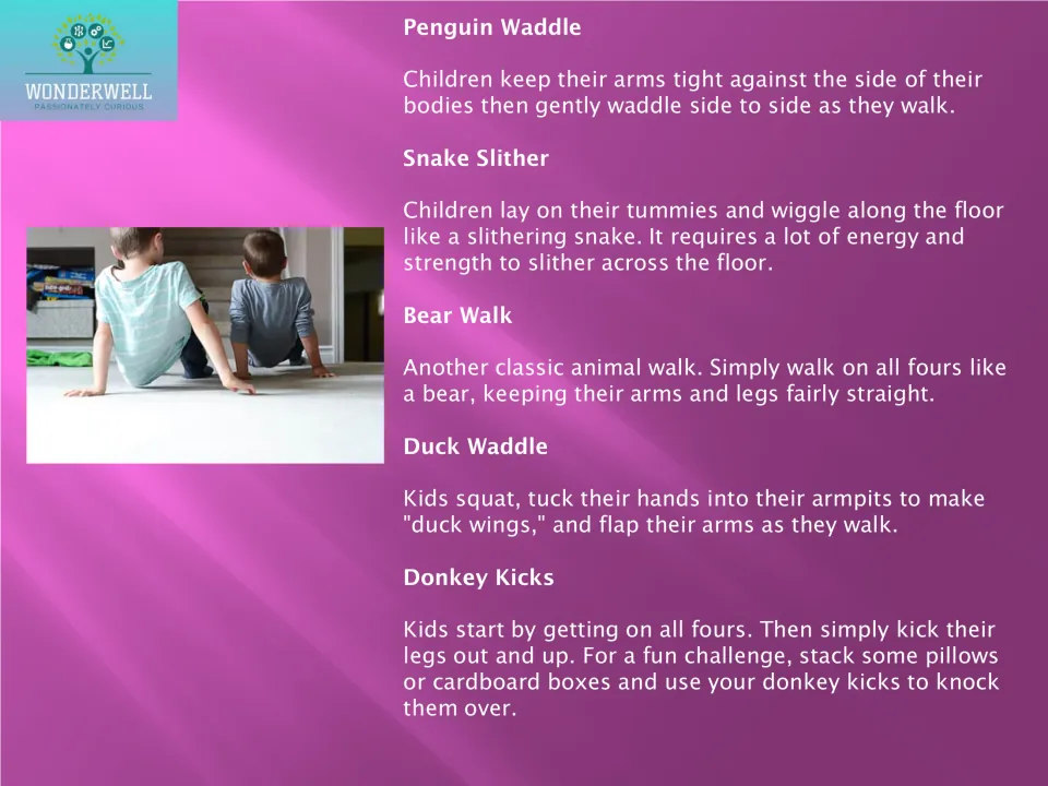 Animal walk movements: children copy the penguin waddle, snake slither, bear walk, duck waddle and donkey kicks