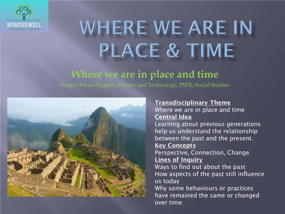 Unit overview slide: transdisciplinary theme, central idea on previous generations, key concepts and lines of inquiry