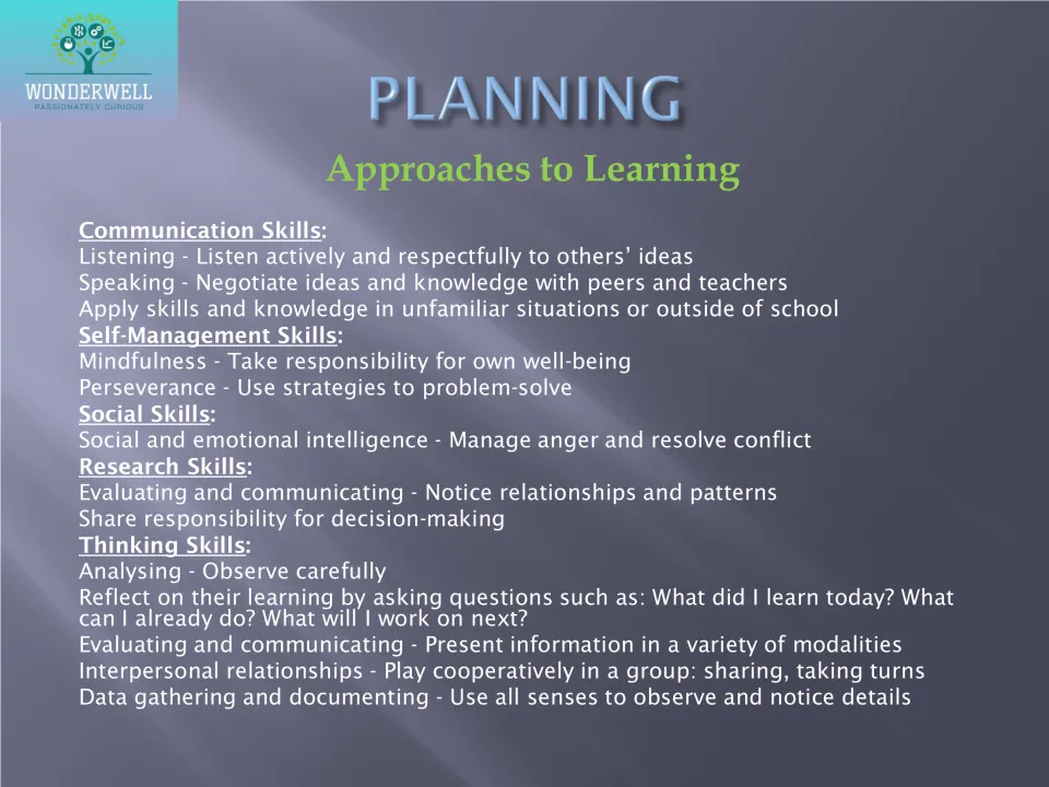 Approaches to Learning plan listing communication, self-management, social, research and thinking skills for the unit