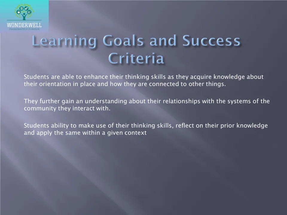 Learning goals and success criteria: students use thinking skills to connect place, community systems and prior knowledge