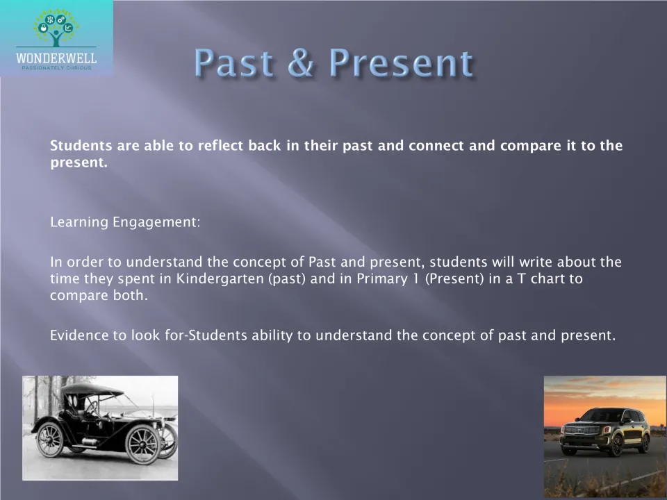 Past and present T chart: students write about their time in Kindergarten and in Primary 1 to compare past with present