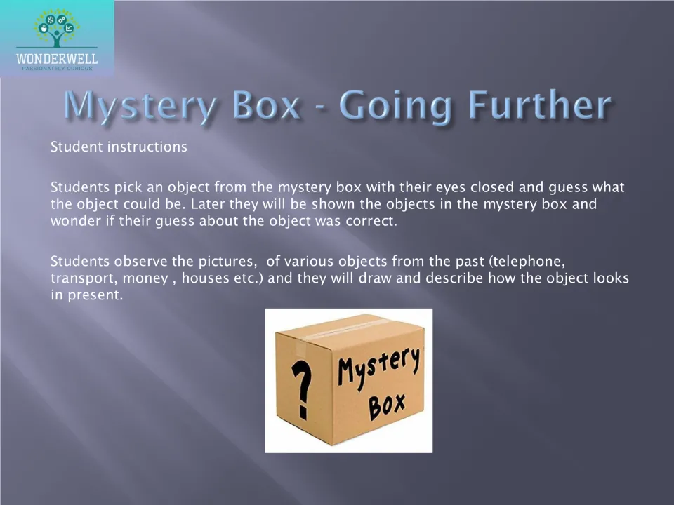 Mystery box activity: students guess a hidden object, then draw and describe how past objects such as telephones look today