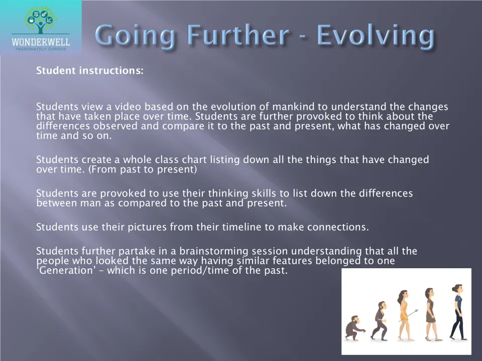 Evolution of mankind lesson: students watch a video, build a class chart of changes and brainstorm what a generation is