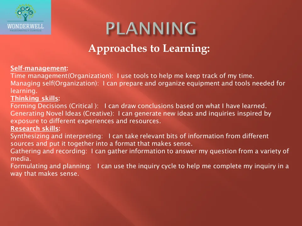 Planning page lists self-management, thinking, and research skills with student statements about learning